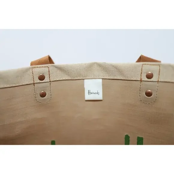A5 New HARRODS Reusable Jute Cotton Food Halls Shopper Bag Tote Leather Handles - Picture 3 of 4